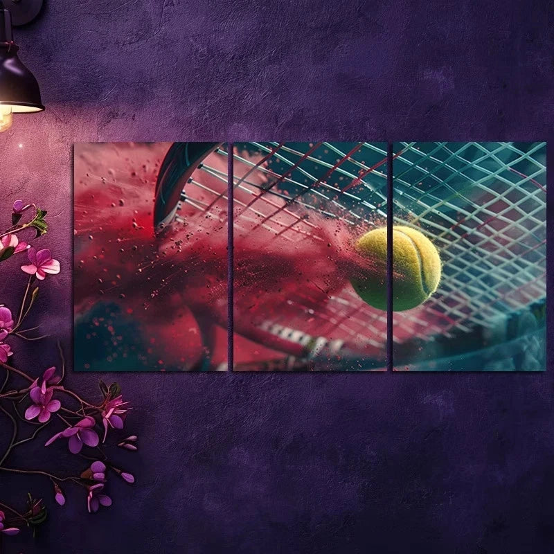 3pcs yellow tennis ball impacting a racket Metal Print Ready to Hang Art