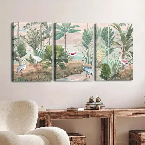 3pcs Tropical Forest & Birds Trees River Clouds Wall Art Set Canvas Unframed - High Quality Print 100% Australian Made Wall Canvas
