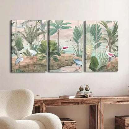 3pcs Tropical Forest & Birds Trees River Clouds Wall Art Set Canvas Unframed - High Quality Print 100% Australian Made Wall Canvas