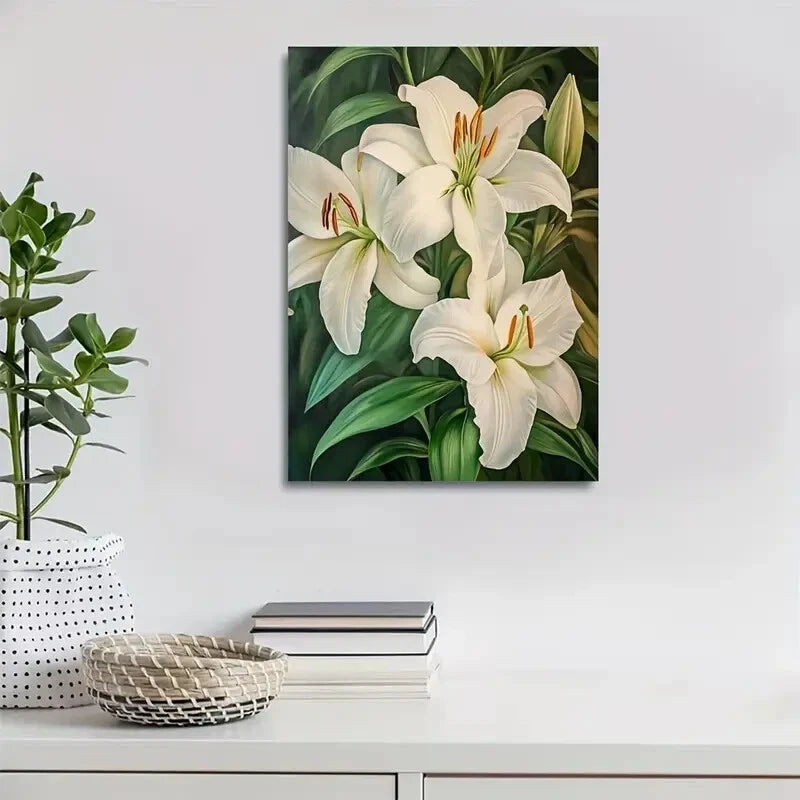 Elegant White Lilies with Green Leaves Painting 40x60cm Metal Print Ready to Hang