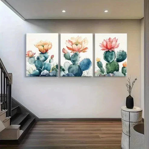 3pcs Colorful Cactus & Flower Nature Perfect Wall  Art Set Canvas Unframed - High Quality Print 100% Australian Made Wall Canvas - Bella Home Decor