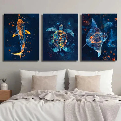 3pcs Colorful Shark Turtle and Stingray Wall Art Set Canvas Unframed - High Quality Print 100% Australian Made Wall Canvas - Bella Home Decor