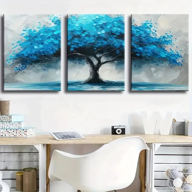 3pcs Modern Blue Tree Vintage Style Metal Print Ready to Hang Art - Bella Home Decor