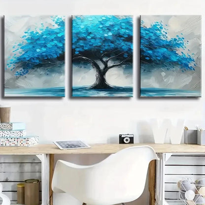 3pcs Modern Blue Tree Vintage Style Metal Print Ready to Hang Art - Bella Home Decor