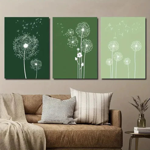 3pcs Dark & Light Green Dandelions Wall Art Set Canvas Unframed - High Quality Print 100% Australian Made Wall Canvas - Bella Home Decor