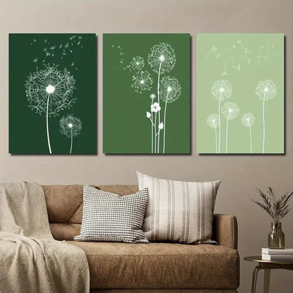3pcs Dark & Light Green Dandelions Wall Art Set Canvas Unframed - High Quality Print 100% Australian Made Wall Canvas - Bella Home Decor