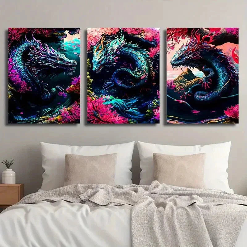 3pcs Fantasy Animal Dragon Illustration Wall Art Set Canvas Unframed - High Quality Print 100% Australian Made Wall Canvas