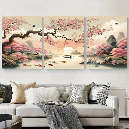3pcs Cherry Blossom River Zen Koi Fish Metal Print Ready to Hang Art - Bella Home Decor