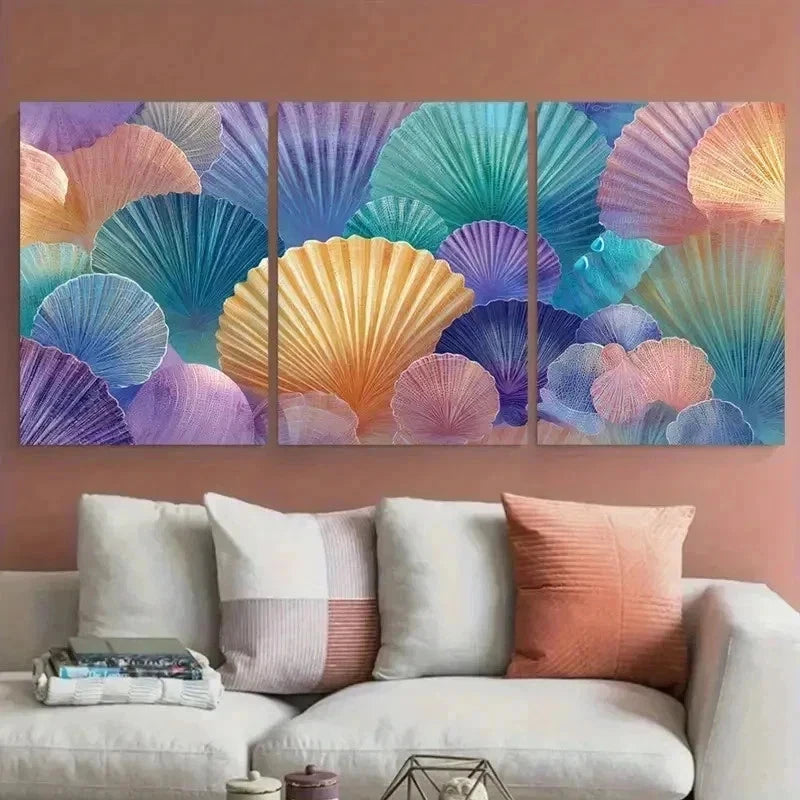 3pcs Warm Orange & Blue Shells Beach Wall Art Set Canvas Framed 60x90cm - High Quality Print 100% Australian Made Wall Canvas Ready to Hang