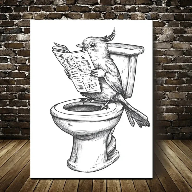 Hand Drawn Bird Reading Newspaper Painting 40x60cm Metal Print Ready to Hang - Bella Home Decor