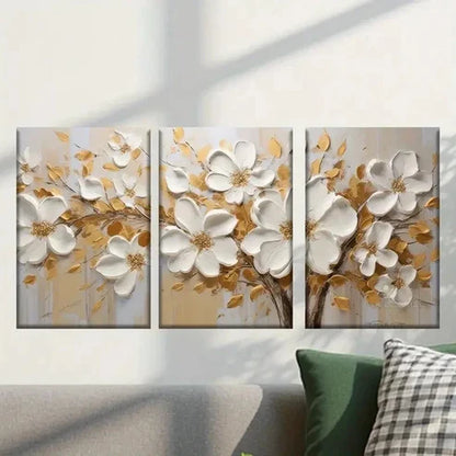3pcs White Flowers with Golden Accents Wall Art Canvas Unframed - High Quality Print 100% Australian Made Wall Canvas