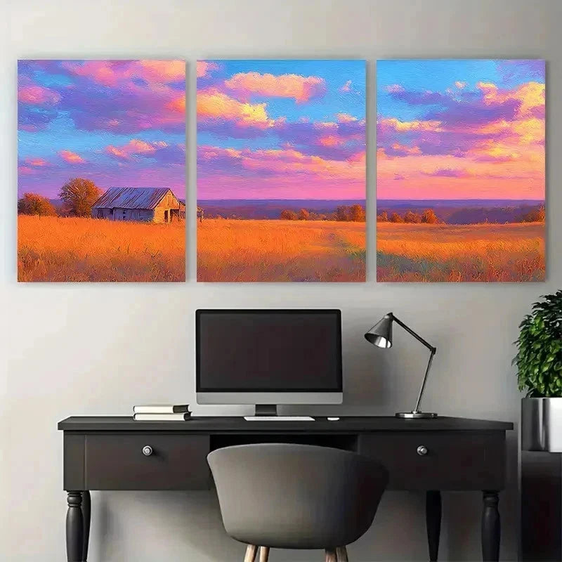 3pcs Country Landscape  Fall Grass Field Perfect Wall Art Set Canvas Framed 50x70cm - High Quality Print 100% Australian Made Wall Canvas Ready to Hang - Bella Home Decor