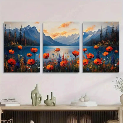 3pcs Vibrant Wildflower Scenery Lake Perfect Wall Art Set Canvas Framed 50x70cm - High Quality Print 100% Australian Made Wall Canvas Ready to Hang - Bella Home Decor