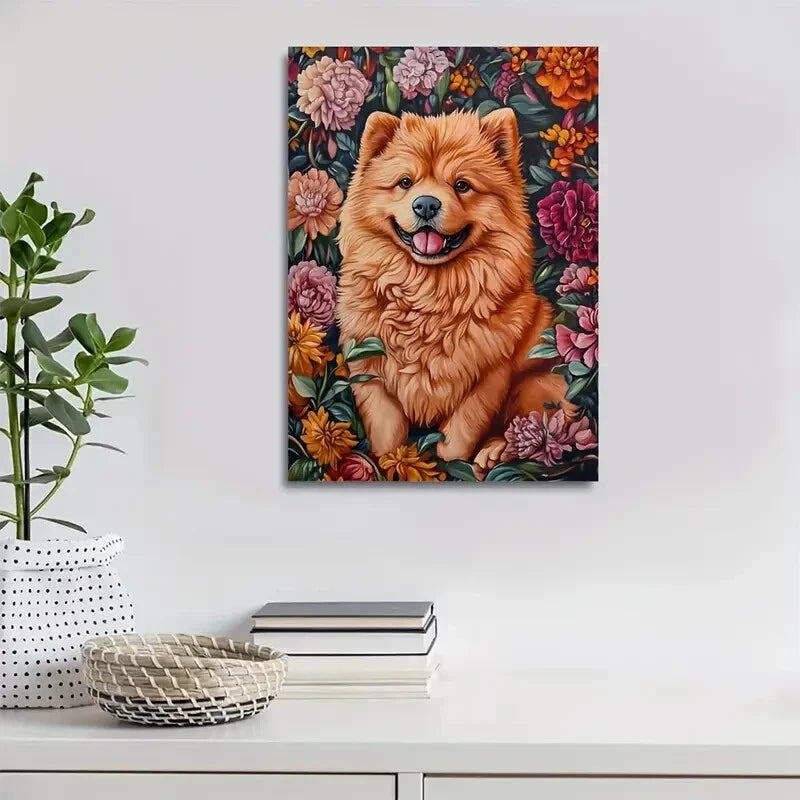Cute Chow Chow Dog with Vibrant Flowers 40x60cm Metal Print Ready to Hang