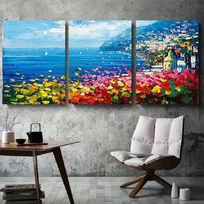 3pcs Vibrant Flower Field and Mediterranean Wall Art Set Canvas Framed 40x60cm - High Quality Print 100% Australian Made Wall Canvas Ready to Hang
