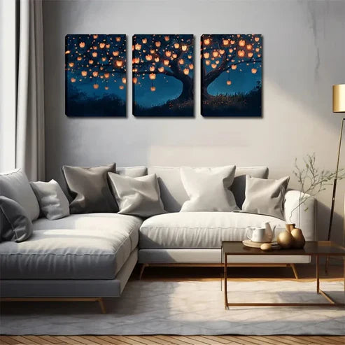 3pcs Vibrant Lanterns On Branches Design Perfect Wall Art Canvas Unframed - High Quality Print 100% Australian Made Wall Canvas