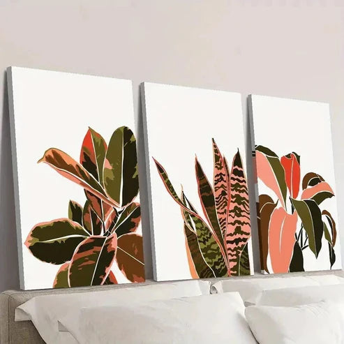 3pcs Tropical Natural Pink & Green Leaves Wall Art Canvas Unframed - High Quality Print 100% Australian Made Wall Canvas