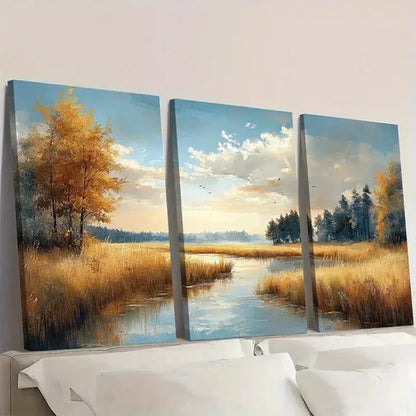 3pcs Sunlit Grasslands Trees & Reflections Wall Art Set Canvas Unframed - High Quality Print 100% Australian Made Wall Canvas