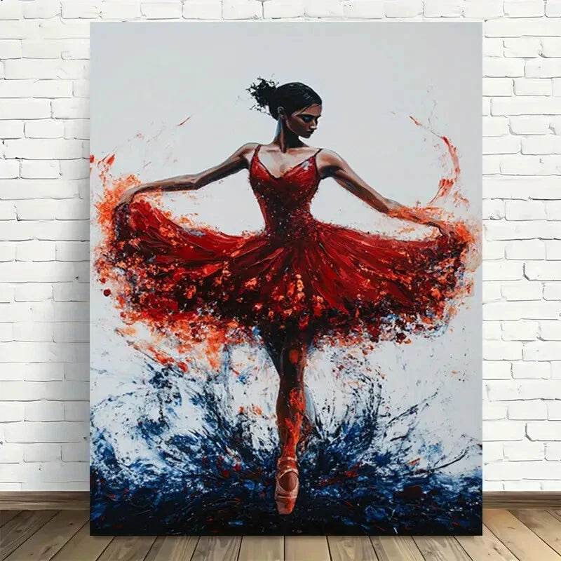Beautiful Elegant Ballerina In Red Modern Painting 40x60cm Metal Print Ready to Hang - Bella Home Decor