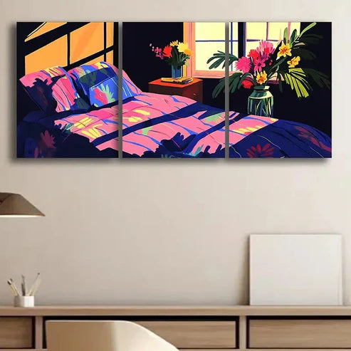 3pcs Illustration of Bedroom with Window Wall Art Set Canvas Unframed - High Quality Print 100% Australian Made Wall Canvas