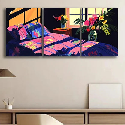 3pcs Illustration of Bedroom with Window Wall Art Set Canvas Unframed - High Quality Print 100% Australian Made Wall Canvas