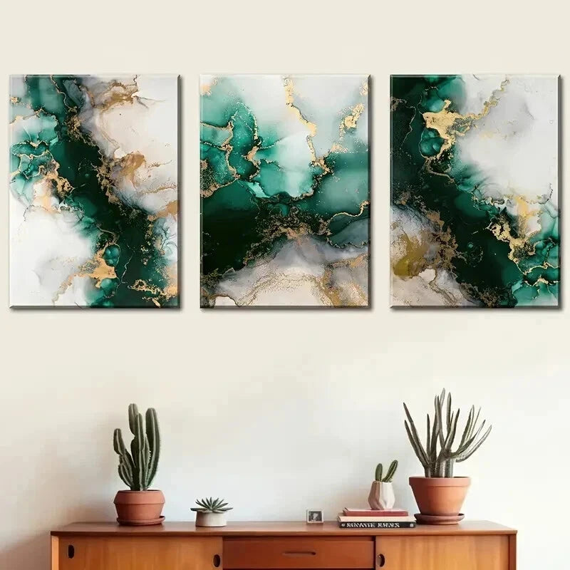 3pcs Modern Emerald Green & Gold Abstract Wall Art Set Canvas Framed 40x60cm - High Quality Print 100% Australian Made Wall Canvas Ready to Hang - Bella Home Decor