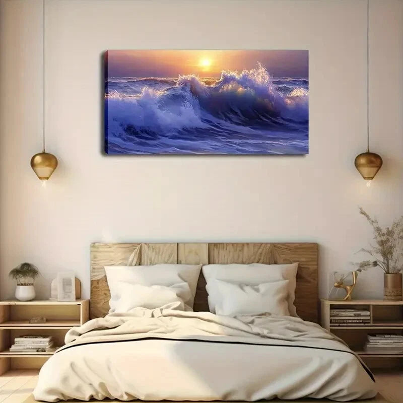 Sunset Beach Scene Waves Beach Wall Art Canvas Office Home Room Framed 120x60cm - Bella Home Decor