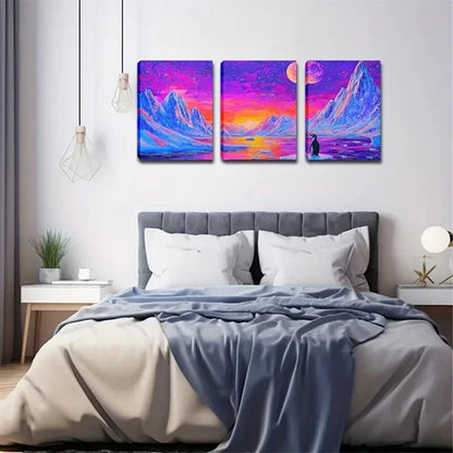 3pcs Moon in the Style of a Mountain Landscape Wall Art Set Canvas Unframed - High Quality Print 100% Australian Made Wall Canvas