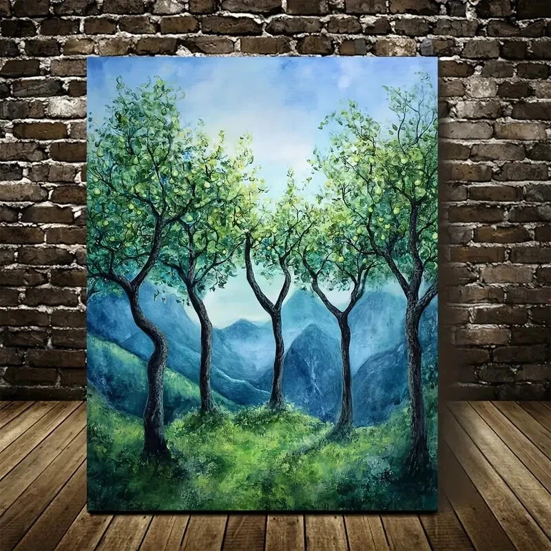 Vibrant Pear Tree Forest Scene Lush Green Painting 40x60cm Metal Print Ready to Hang - Bella Home Decor
