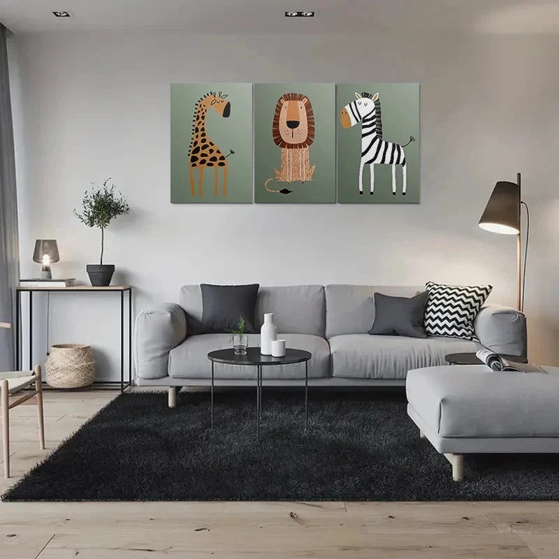 3pcs Adorable Cartoon Animal Giraffe Lion Zebra Metal Print Ready to Hang Art - Bella Home Decor