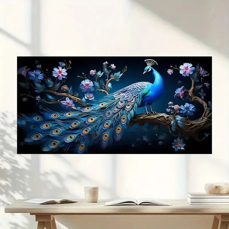 Vibrant Peacock Floral Wall Art Canvas Office Home Room Framed 120x60cm