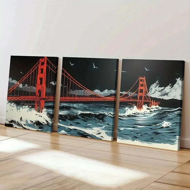 3pcs Golden Gate Bridge Stormy Sea Night Sky Wall Art Set Canvas Framed 60x90cm - High Quality Print 100% Australian Made Wall Canvas Ready to Hang - Bella Home Decor