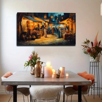 Vibrant Midnight Market Scene Wall Art Canvas Office Home Room Framed 120x60cm