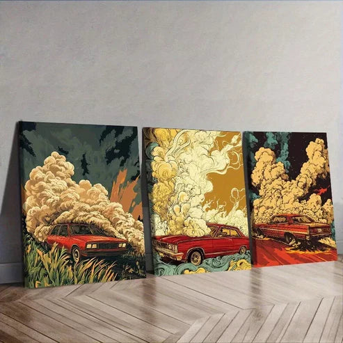 3 PCS Red Car Smoke Colorful Background Wall Art Set Canvas Unframed - High Quality Print 100% Australian Made Wall Canvas