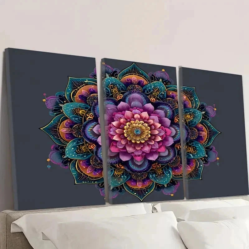 3pcs Mandala Flower Wall Art Set Canvas Framed 50x70cm - High Quality Print 100% Australian Made Wall Canvas Ready to Hang