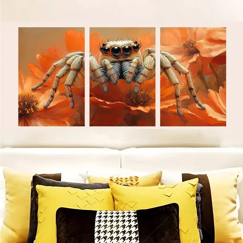 3pcs Summer Flowers & Jumping Spider  Wall Art Set Canvas Framed 60x90cm - High Quality Print 100% Australian Made Wall Canvas Ready to Hang