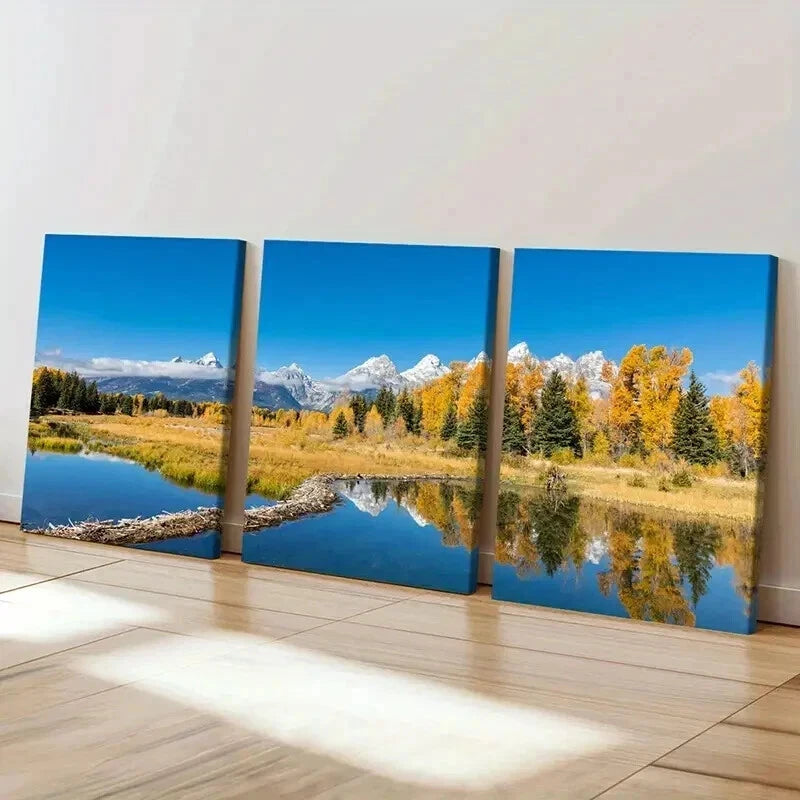 3pcs Autumn Mountain Lake Forest Modern Wall Art Set Canvas Framed 50x70cm - High Quality Print 100% Australian Made Wall Canvas Ready to Hang - Bella Home Decor