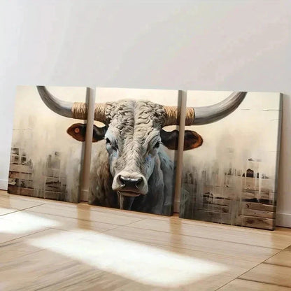3pcs Vintage Horned Bull Cow Farmhouse Wall Art Set Canvas Framed 60x90cm - High Quality Print 100% Australian Made Wall Canvas Ready to Hang