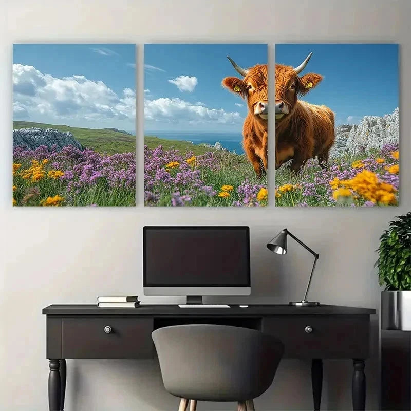 3pcs Colourful Sky Highland Cow Nature Perfect Wall Art Set Canvas Framed 50x70cm - High Quality Print 100% Australian Made Wall Canvas Ready to Hang - Bella Home Decor