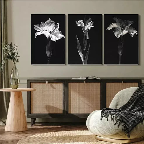3 PCS Elegant Black & White Monochrome Flora Wall Art Set Canvas Unframed - High Quality Print 100% Australian Made Wall Canvas - Bella Home Decor