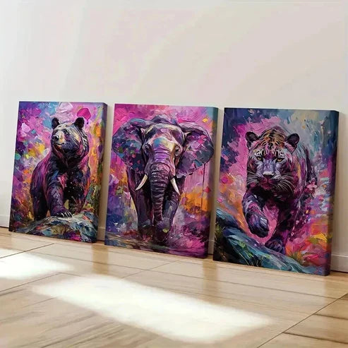 3pcs Colorful Bear Elephant And Leopard Art Set Canvas Unframed - High Quality Print 100% Australian Made Wall Canvas - Bella Home Decor