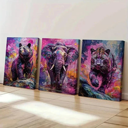 3pcs Colorful Bear Elephant And Leopard Art Set Canvas Unframed - High Quality Print 100% Australian Made Wall Canvas - Bella Home Decor