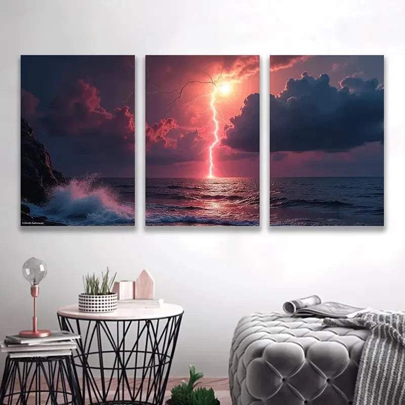3pcs Dramatic Red Sky Lightning Storm EI   Wall Art Set Canvas Framed 50x70cm - High Quality Print 100% Australian Made Wall Canvas Ready to Hang - Bella Home Decor