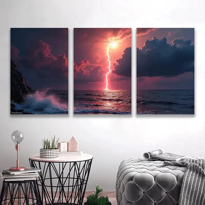 3pcs Dramatic Red Sky Lightning Storm EI   Wall Art Set Canvas Framed 50x70cm - High Quality Print 100% Australian Made Wall Canvas Ready to Hang - Bella Home Decor