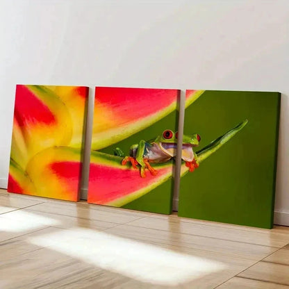 3pcs Tree Frog Lying On Flower Petal Wall Art Set Canvas Framed 50x70cm - High Quality Print 100% Australian Made Wall Canvas Ready to Hang - Bella Home Decor