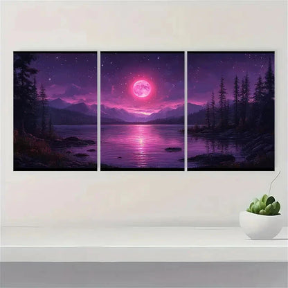 3pcs  Purple Moon Mystical Realm Art A Wall Art Set Canvas Framed 50x70cm - High Quality Print 100% Australian Made Wall Canvas Ready to Hang - Bella Home Decor