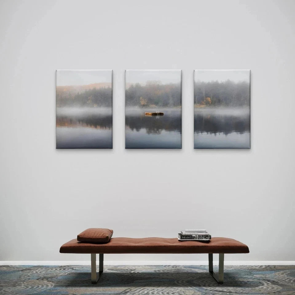3pcs Misty Lake Landscape Forest With Boat Wall Art Set Canvas Framed 60x90cm - High Quality Print 100% Australian Made Wall Canvas Ready to Hang