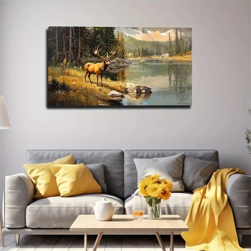 Elk Drinking Water Wall Art Canvas Office Home Room Framed 120x60cm