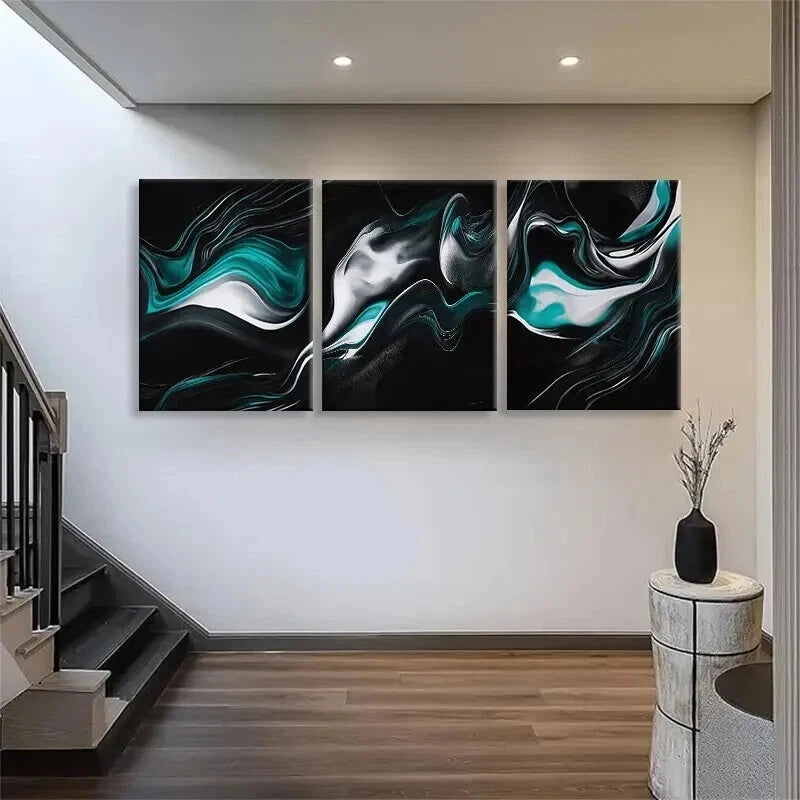 3pcs Fluid Swirl Design with Emerald Perfect Wall Art Set Canvas Framed 50x70cm - High Quality Print 100% Australian Made Wall Canvas Ready to Hang