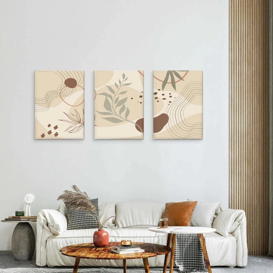 3pcs Neutral Botanical Abstract Shapes Wall Art Set Canvas Framed 50x70cm - High Quality Print 100% Australian Made Wall Canvas Ready to Hang
